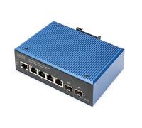 DIGITUS Commutateur réseau PoE - 6 Ports Gigabit Ethernet - 4X RJ45 + 2X SFP - IP40 - L2 géré - 10/100/1000 Mbit/s - Montage sur Rail DIN - série Industrielle - Noir/Bleu