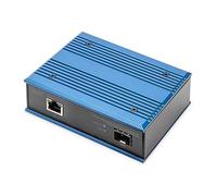 DIGITUS convertisseur de média Industriel Gigabit PoE - 1 Port RJ45, 1 Port SFP - 10/100/1000 Mbps - Budget de Puissance PoE de 30W - Montage sur Rail DIN - Indice de Protection IP40 - Noir,Bleu