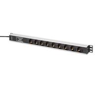 Barre d'alimentation PDU Rack (620 mm) avec protection contre les surtensions + filtre EMI/RFI, 9 prises Schuko CEE 7/3 (45°), câble de 2 m, fiche Unischuko CEE 7/7, 16A, aluminium