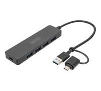 Digitus Hub USB 3.0 4 ports Slimline avec adaptateur USB-C, 5 Gbps, câble 0,2 m