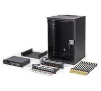 DIGITUS Kit réseau 10 Pouces - Baie réseau 9U - Étagère - Bloc multiprise - Switch 16 Ports - Panneau de Brassage 12 Ports - 12 modules Keystone - 20 câbles de Brassage - Non monté - Soho Pro - Noir
