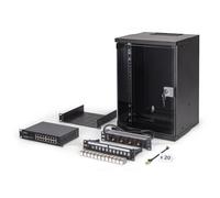 DIGITUS Kit réseau 10 Pouces - Baie réseau 9U - Étagère - Bloc multiprise - Switch 16 Ports - Panneau de Brassage 12 Ports - 12 modules Keystone - 20 câbles de Brassage - Non monté - Soho Pro - Noir
