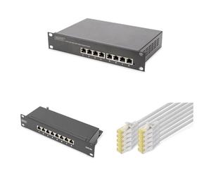 DIGITUS Set: Kit réseau 10 Pouces - 1x Switch PoE, 8 Ports, administrable, Switch Ethernet - 1x Panneau de Brassage Cat-6A , 8 Ports, LSA - 10x câbles réseau Cat-6A, câble Patch Gris, 0,25 m