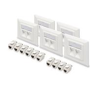DIGITUS Set: Prise réseau 2 Ports - 5 pièces - avec 10x Module Keystone Cat6A - Sortie coudée à 45° - avec Capuchon Anti-poussière - Blanc