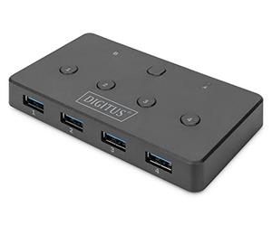DIGITUS USB 3.0 Sharing Switch - 5 Gbps - partagez 4 périphériques USB avec 2 PC - changement de périphérique par simple pression sur un bouton - Status LED - alimentation par USB-C - noir
