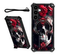 DIGTIALL Coque pour Samsung Galaxy A26 5G 6,5" avec dragonne et béquille dissimulée - Coque de protection double couche résistante aux chocs pour homme et femme - Motif tête de mort fleur rouge