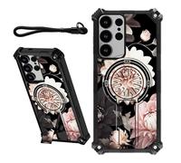 DIGTIALL Coque pour Samsung Galaxy S25 Ultra de 6,9" avec dragonne et béquille cachée - Pour homme et femme - Double couche - Résistante aux chocs - Motif fleurs roses et blanches