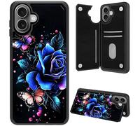 DIGTIALL Étui portefeuille pour iPhone 16 6,1", avec porte-cartes et protection RFID, béquille en cuir synthétique, anti-choc, pour iPhone 16 6,1", roses bleues
