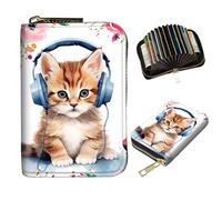 DIGTIALL Porte-cartes fin en cuir synthétique avec blocage RFID - Petite poche avant - Organiseur de cartes de crédit avec fermeture éclair - Pour homme et femme - Pour écouter de la musique avec chat