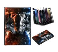 DIGTIALL Portefeuille en métal avec blocage RFID pour cartes de crédit pour homme et femme Mini portefeuille fin en aluminium rigide pour cartes de visite, Loup rouge et bleu