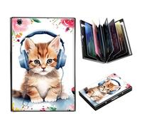 DIGTIALL Portefeuille en métal avec blocage RFID pour cartes de crédit pour homme et femme Mini portefeuille fin en aluminium rigide pour cartes de visite, Chat Écouter de la musique