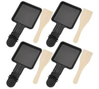 Digyssal 4PCS Coupelle Raclette Barbecue et 4PCS Spatules à Raclette en Bois Poêlon Raclette Grill Revêtement Antiadhésif en Fonte Mini Assiette avec Poignée Isolée
