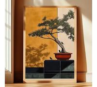 DIHANSM Affiche imprimée sur toile représentant un bonsaï japonais, style vintage Japandi, art botanique abstrait, décoration murale pour chambre à coucher (60 x 80 cm/Toile tendue sur châssis)