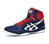 Dihou88 Chaussures de Boxe légères et antidérapantes, Chaussures de Lutte pour Hommes avec Maintien de la Cheville en Maille pour l'entraînement Physique et Le Combat(Blue,46 EU)