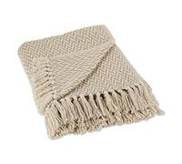 DII Modern Zig Zag Throw Blanket Woven Cotton, Hand-Knotted 2.5" Fringe, 50x60, Stone