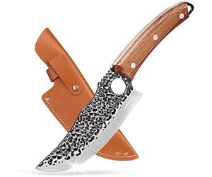 DiiHAUZZ Couteau de Cuisine 15cm, Professionnel Couteau de Chef Full-Tang, Couteaux Japonais Forgé, Poignée en Bois Ergonomique, Lame Tranchante, avec Lanière en Cuir, Idéal pour BBQ Camping Cadeau