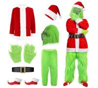 DIIQII Déguisement Adulte Monstre Vert Père Noël: Costume Effrayant 7 Pièces avec Masque Latex Bonnet Gants - Tenue de Père Noël Méchant pour Fête Carnaval et Soirée à Thème (Vert, L)