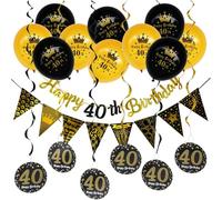 DiiWmme Bannière de décoration pour 40e anniversaire - Bannière noire et dorée - Bannière « Happy 40th Birthday » pour homme et femme - Décorations de fête avec fanions, ballons, tourbillons (40e