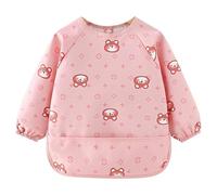 DiiWmme Bavoir Bébé Anti Désordre à Manches Longues Imperméable en PU et Lavable, Bavoir de Sevrage Doux pour Bébé 0 à 24 Mois, 1 Pièce, Design Mignon à Motifs Cartoon (Petit Ours Rose)