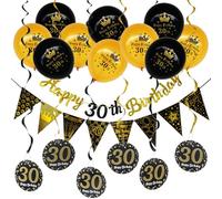 DiiWmme Ensemble de décorations de fête d'anniversaire réutilisable noir et doré pour 30e anniversaire, ballons, bannière et tourbillons pour garçons et filles (30e anniversaire, noir)