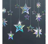 DiiWmme Kit de 15 guirlandes d'étoiles holographiques 3D avec serpentins suspendus de 1,7 m pour anniversaire, mariage, fête prénatale, Ramadan, EID et décorations de fête de vacances (étoile)