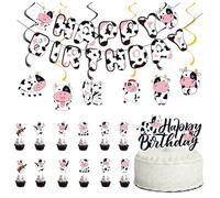 DiiWmme Kit de décoration de fête d'anniversaire de 21 pièces, bannière « Happy Birthday », tourbillons à suspendre, décorations de cupcakes pour fête sur le thème des chats (vache laitière)