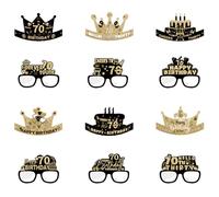 DiiWmme Lot de 12 lunettes de 70e anniversaire, accessoires de photomaton noir et doré, décorations de fête pour homme et femme, accessoires de fête pour 70e anniversaire (70e anniversaire, noir)