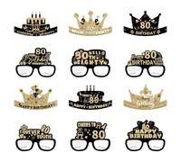 DiiWmme Lot de 12 lunettes de 80e anniversaire, accessoires de photomaton noir et doré, décorations de fête pour homme et femme, accessoires de fête pour 80e anniversaire (80e anniversaire, noir)
