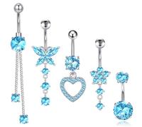 DiiWmme Lot de 5 piercings de nombril argentés en acier inoxydable hypoallergénique en forme de papillon, cœur, fleur, 5,1/3,8/4,7/4/2,1 cm, taille unique, Acier inoxydable, Pas de gemme