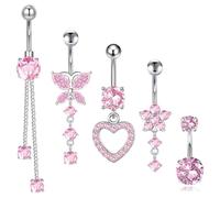 DiiWmme Lot de 5 piercings de nombril argentés en acier inoxydable hypoallergénique en forme de papillon, cœur, fleur, 5,1/3,8/4,7/4/2,1 cm, taille unique, Acier inoxydable, Pas de gemme