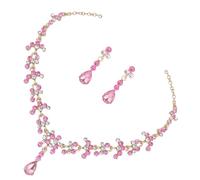 DIKACA Parure Collier et Boucles D'oreilles en Alliage de Zinc et Cristaux pour Femme, Style Délicat et Charmant, pour Soirée et Mariage, Couleur Rose