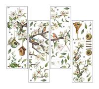DIKACA Sticker Mural Décoratif Branche Oiseaux et Fleurs 4 Pièces 30X90 CM Autocollant Mural Floral Amovible pour Salon et Chambre Décoration Murale Naturelle et Moderne