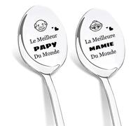 DIKARIYA Cadeau Papi et Mamie, Cadeau Fete des Mere Mamie, Cuillère à Café, Cuillères Gravées au Laser Meilleur Mamie Papy du Monde, Cadeau Anniversaire Mamie Papy Anniversaire Grand-Parent Original