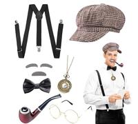 DIKARIYA Costume de détective Sherlock Holmes des années 20 - Accessoire de costume de détective Sherlock Holmes - Avec chapeau - Bretelles élastiques - Nœud papillon - Barbe - Sourcils - Lunettes