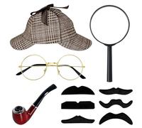 DIKARIYA Lot de 5 accessoires de costume de détective Sherlock Holmes avec chapeau de détective, lunettes, fausse moustache, loupe, accessoires pour Halloween, carnaval, homme, cosplay, fête