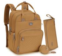 Dikaslon Sac a Langer Bebe, Sac à Langer à Dos PU Grande Capacité 18 Poches, Déperlant, Tapis à Langer, Porte Tétine, Sangles Poussette - Élégant et Pratique (Marrón Claro)