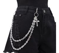 DIKJAK Chaîne double couche gothique tête de mort et croix pour pantalon jeans ceinture - Punk Hip Hop taille porte-clés accessoire pour jeans Edgy, portefeuilles, et danse de rue Argenté, Argenté