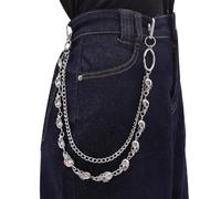 DIKJAK Chaîne double couche tête de mort pour pantalon jeans - Chaîne de sac de portefeuille gothique punk Hip Hop ceinture porte-clés pour jeans Edgy, accessoires streetwear unisexe, Argenté, 12.0