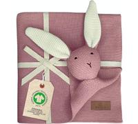 DIKOS Couverture originale bébé lapin (baie) - 2 en 1 - Doudou doux nouveau-né - Coton bio (GOTS/Oeko-TEX) - Cadeau naissance fille