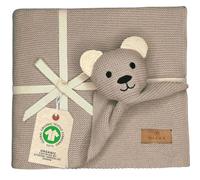 DIKOS® Couverture Originale pour bébé - Motif Ours en Peluche - 100% Coton Bio - avec Doudou - Couverture tricotée - Premier équipement pour bébé Fille/garçon - Cadeau de Naissance