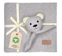 DIKOS® Couverture Originale pour bébé - Motif Ours en Peluche - 100% Coton Bio - avec Doudou - Couverture tricotée - Premier équipement pour bébé Fille/garçon - Cadeau de Naissance (Gris)