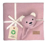 DIKOS® Couverture Originale pour bébé - Motif Ours en Peluche - 100% Coton Bio - avec Doudou - Couverture tricotée - Premier équipement pour bébé Fille/garçon - Cadeau de Naissance (Vieux Rose)