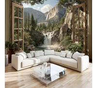 DILANI Papier Peint Panoramique 3d Vue Par Fenêtre Intissé Poster Tableaux Muraux Cascade De Montagne Décoration murale Art Wallpaper pour Salon Cuisines Bureau Chambre d'enfants Décor 400x280 cm