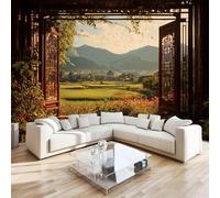 DILANI Papier Peint Panoramique 3d Vue Pastorale Par La Fenêtre Intissé Poster Tableaux Muraux Paysage Décoration murale Art Wallpaper pour Salon Cuisines Bureau Chambre d'enfants Décor 500x280 cm