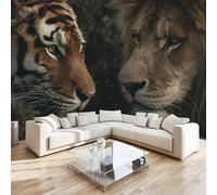 DILANI Papier Peint Panoramique Intissé Photo Mural Lion Tigre 350x256 cm 3D Motif Muraux Geant Mat Poster Kawaii Animaux Décoration murale Art non tissé décoration chambre TV mur salon