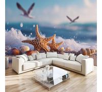 DILANI Papier Peint Panoramique Intissé Photo Mural Plage Des étoiles De Mer 350x256 cm 3D Motif Muraux Geant Mat Poster Paysage Décoration murale Art non tissé décoration chambre TV mur salon