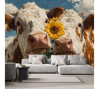 DILANI Papier Peint Panoramique Intissé Photo Mural Vache Tournesol 200x140 cm 3D Motif Muraux Geant Mat Poster Kawaii Animaux Décoration murale Art non tissé décoration chambre TV mur salon