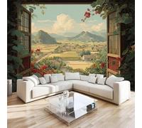 DILANI Papier Peint Panoramique Intissé Photo Mural Vue Pastorale Par La Fenêtre 350x256 cm 3D Motif Muraux Geant Mat Poster Paysage Décoration murale Art non tissé décoration chambre TV mur salon