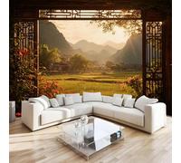 DILANI Papier Peint Panoramique Intissé Photo Mural Vue Pastorale Par La Fenêtre 350x256 cm 3D Motif Muraux Geant Mat Poster Paysage Décoration murale Art non tissé décoration chambre TV mur salon