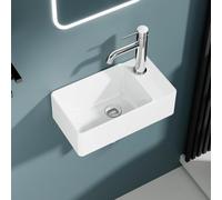 DILECI Lave-Mains Rectangulaire Compact en Céramique Blanche - Vasque à Poser Petite Taille Sortie Droite - Lavabo Design Moderne pour Petites Salles de Bain et Toilettes - 40x22x13 cm